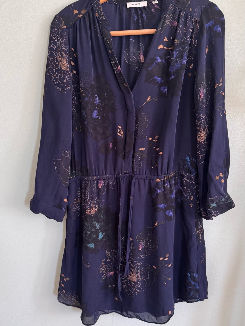 Babaton Navy Floral Long-Sleeve Drawstring Waist Dress - Picture 8 of 9